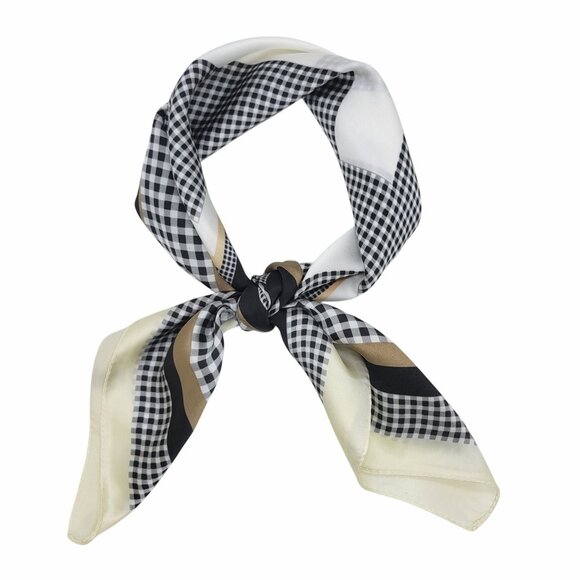 ❤️❤️Elegant Bandana Geometric Scarf Silky Satin Soft Beige Black Checkered Wrap - Picture 3 of 7